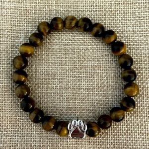 🧡Tiger Eye Natural Stone Bracelet w/Antique Silver Toned Paw Print 🐾